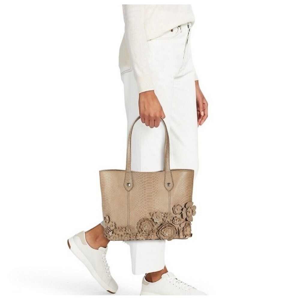 FRYE Melissa Floral Moc-Croc Leather Tote In Natural Tan New